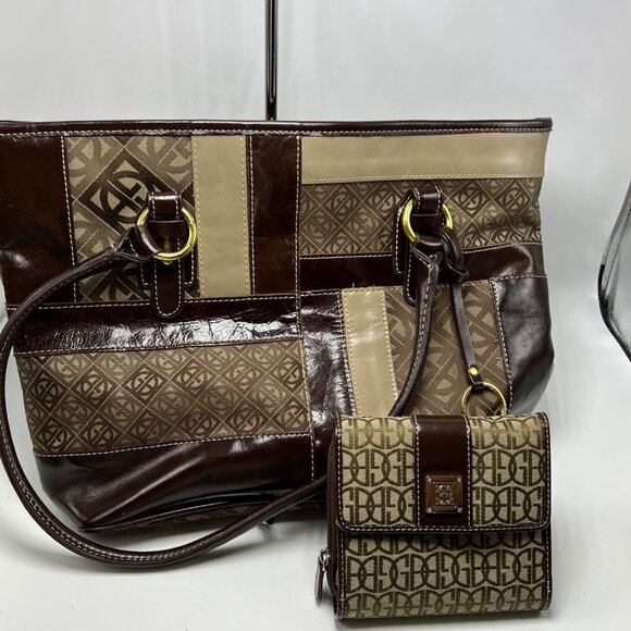 Gianni Bernini Patchwork Brown & Beige Leather & Canvas Tote Bag With Wallet - Picture 1 of 16